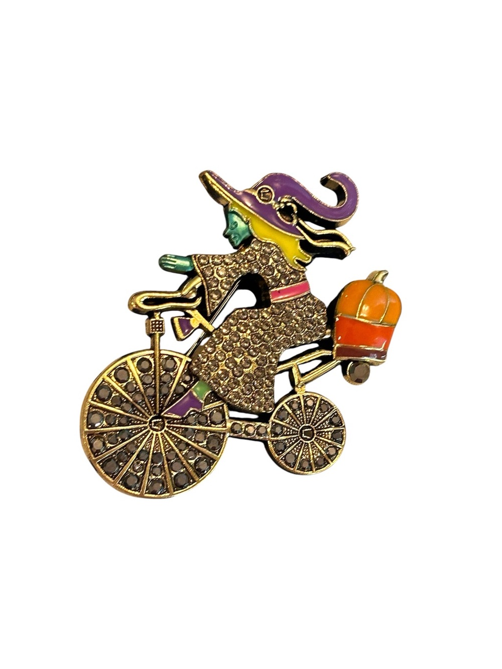 Witch on Bicycle Enamel Brooch